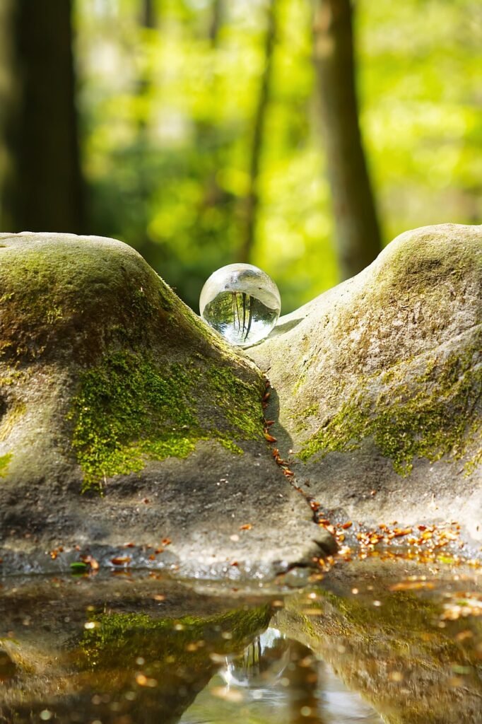 glass sphere, forest, old baptism barsinghausen, old baptism, barsinghausen, nature, relaxation, calm, balance, baptismal font, grounding, quiet, einkehr, meditation, peace
